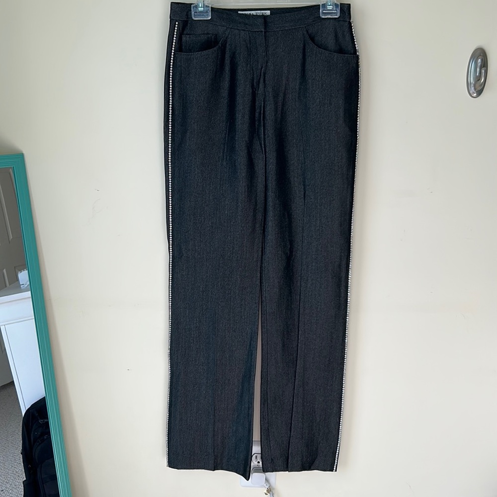 Trina Turk Gray Wool Blend Crystal Tuxedo Stripe Pants - Picture 3 of 8